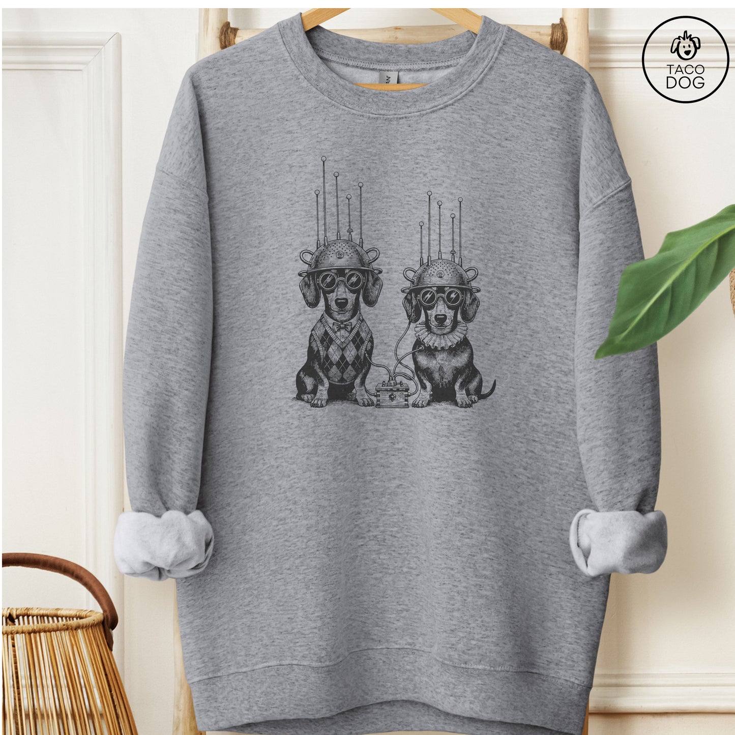 Dachshund Tin Hat Sweatshirt Graphite Heather M Taco-Dog