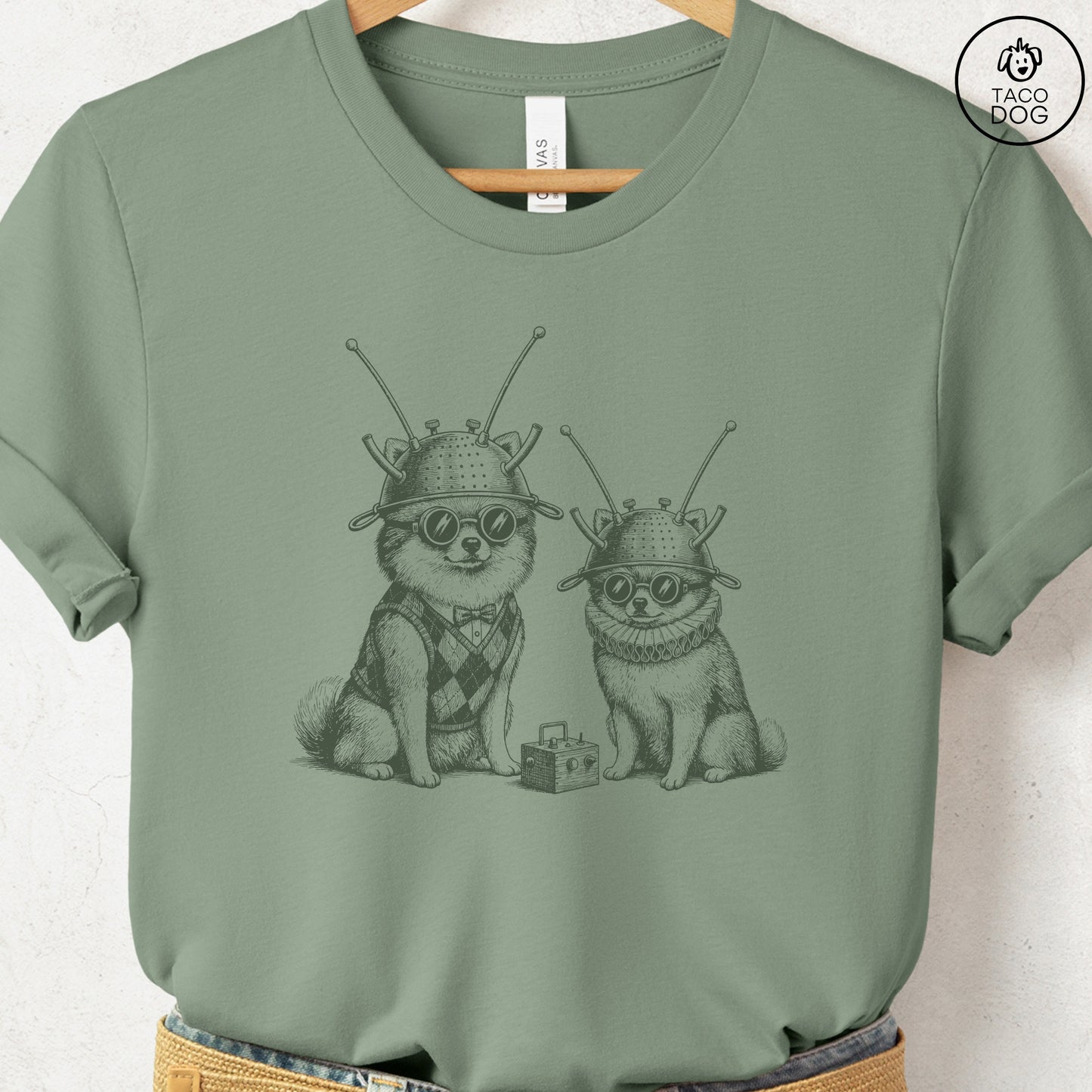 Pomeranian Tin Hat T-Shirt Sage S Taco-Dog