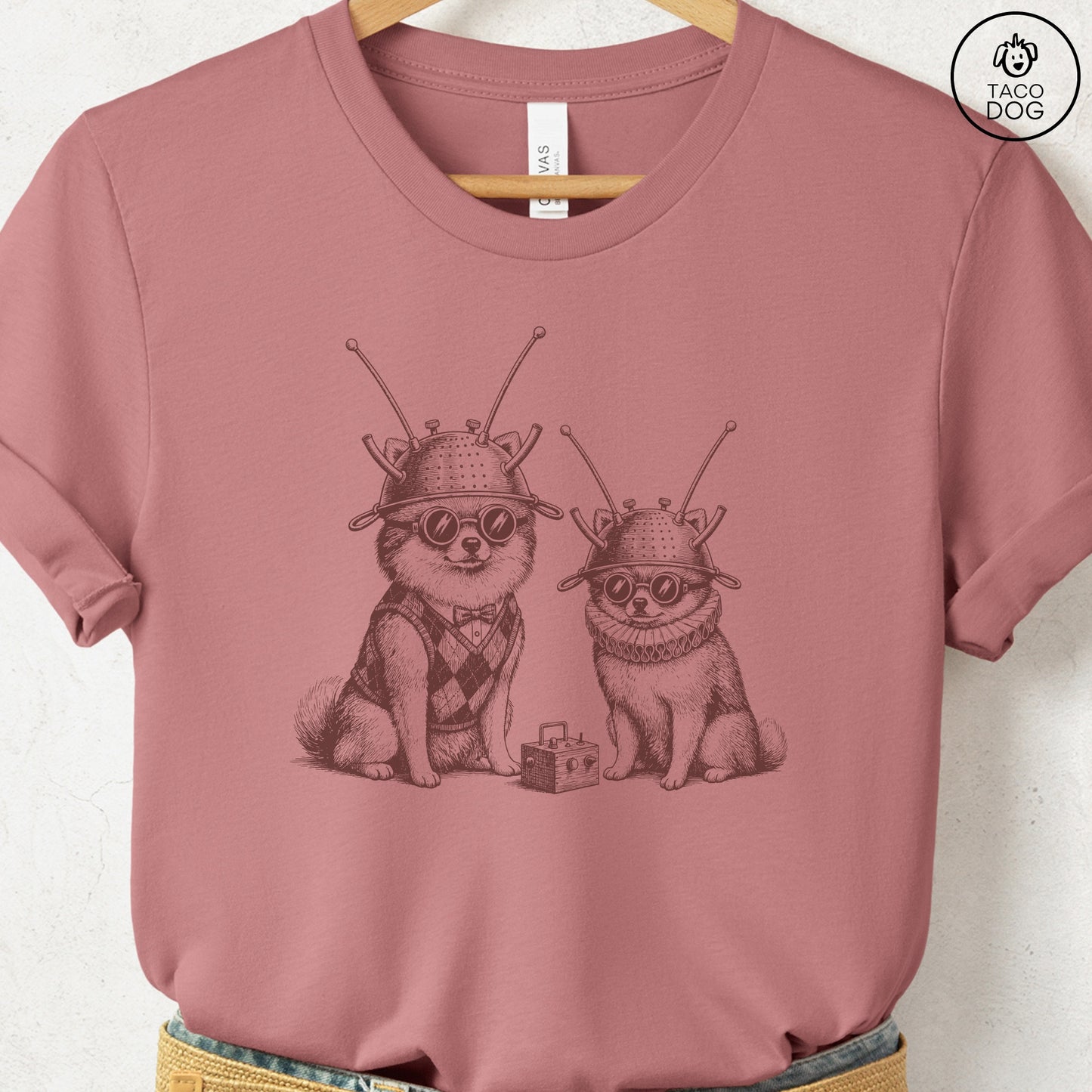 Pomeranian Tin Hat T-Shirt Heather Mauve S Taco-Dog