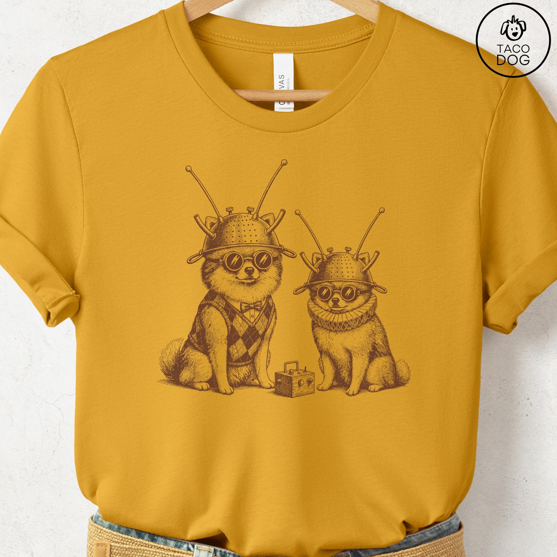 Pomeranian Tin Hat T-Shirt Mustard S Taco-Dog