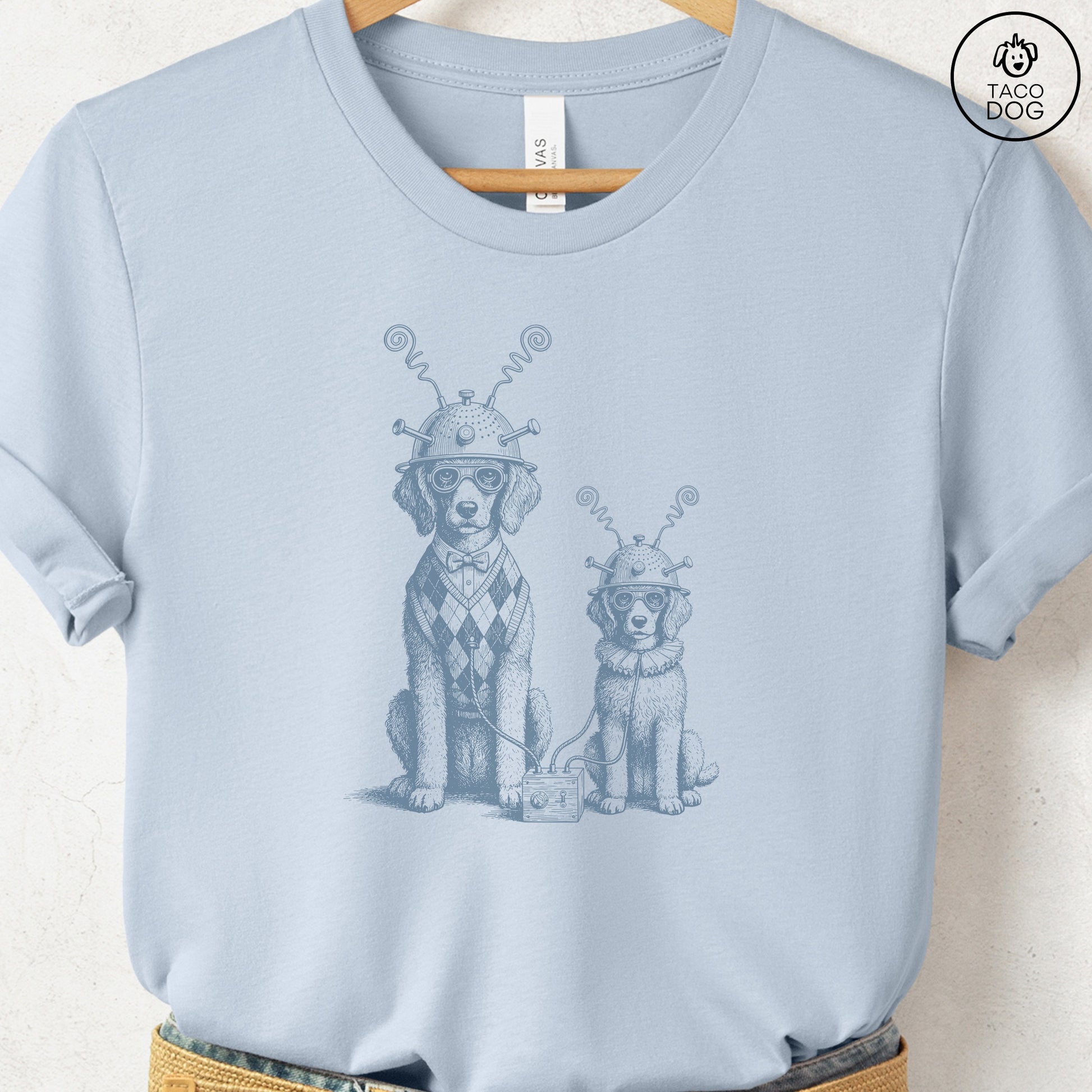 Poodle Tin Hat T-Shirt Light Blue Taco-Dog
