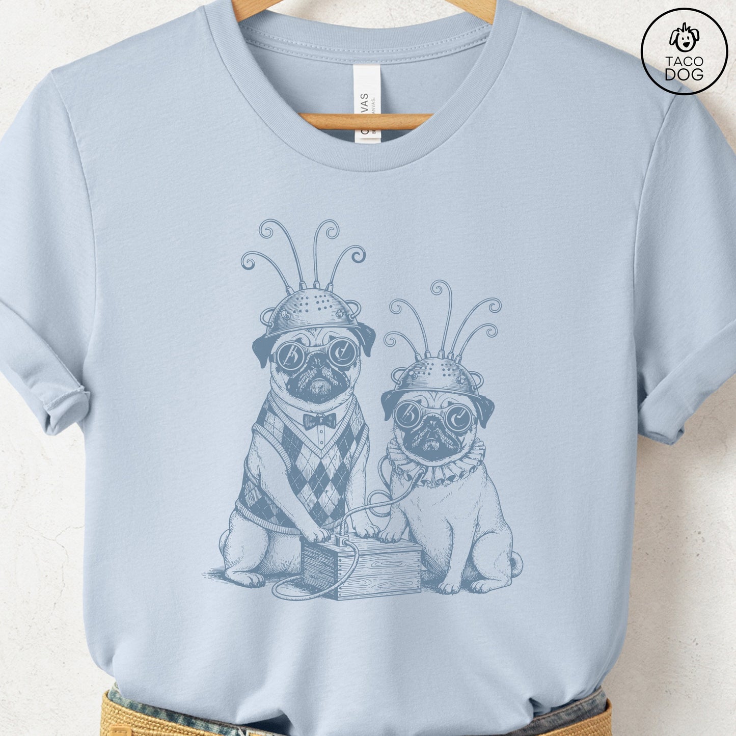 Pug Tin Hat T-Shirt Light Blue S Taco-Dog
