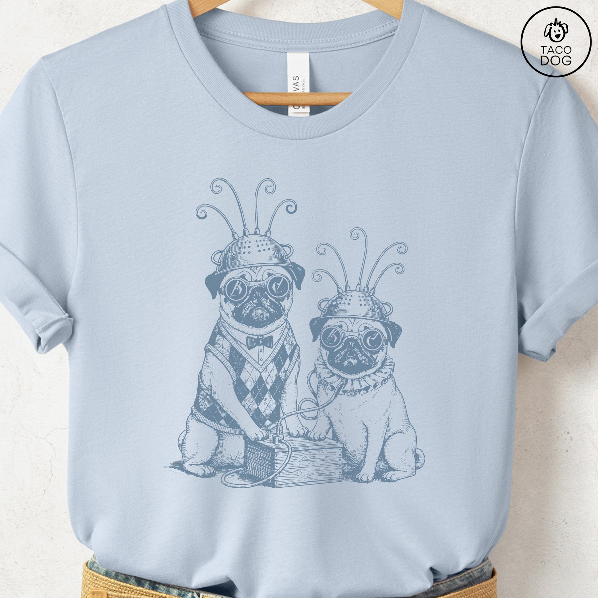 Pug Tin Hat T-Shirt Light Blue S Taco-Dog