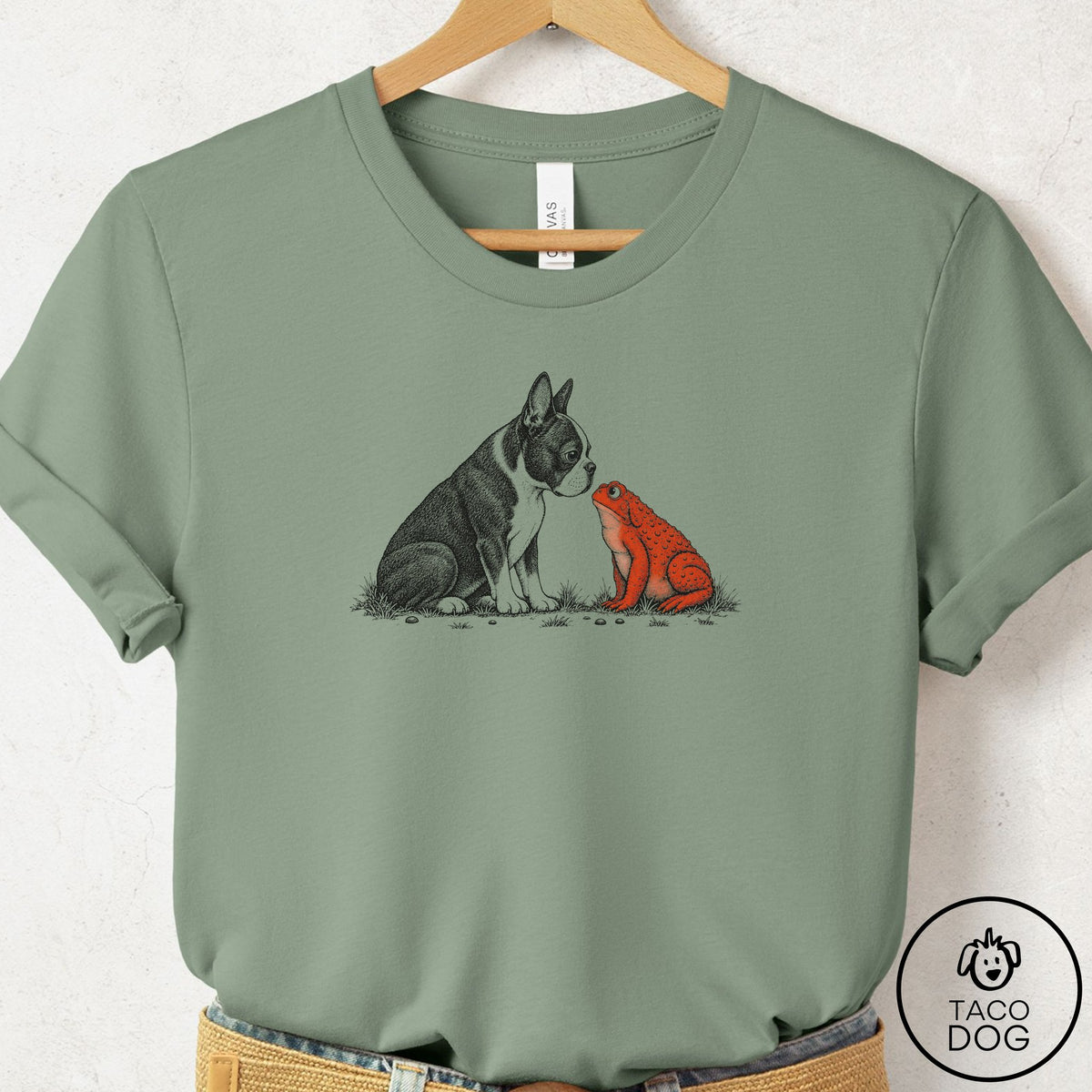 Boston Terrier Toad Watch T-Shirt Sage Taco-Dog