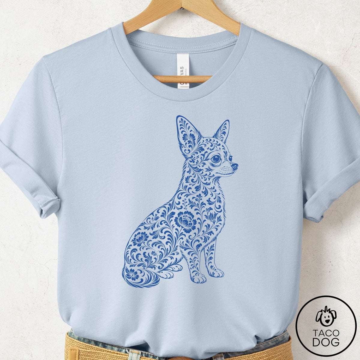 Chihuahua Toile T-Shirt Light Blue Taco-Dog