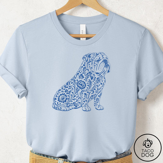 English Bulldog Toile T-Shirt Light Blue Taco-Dog