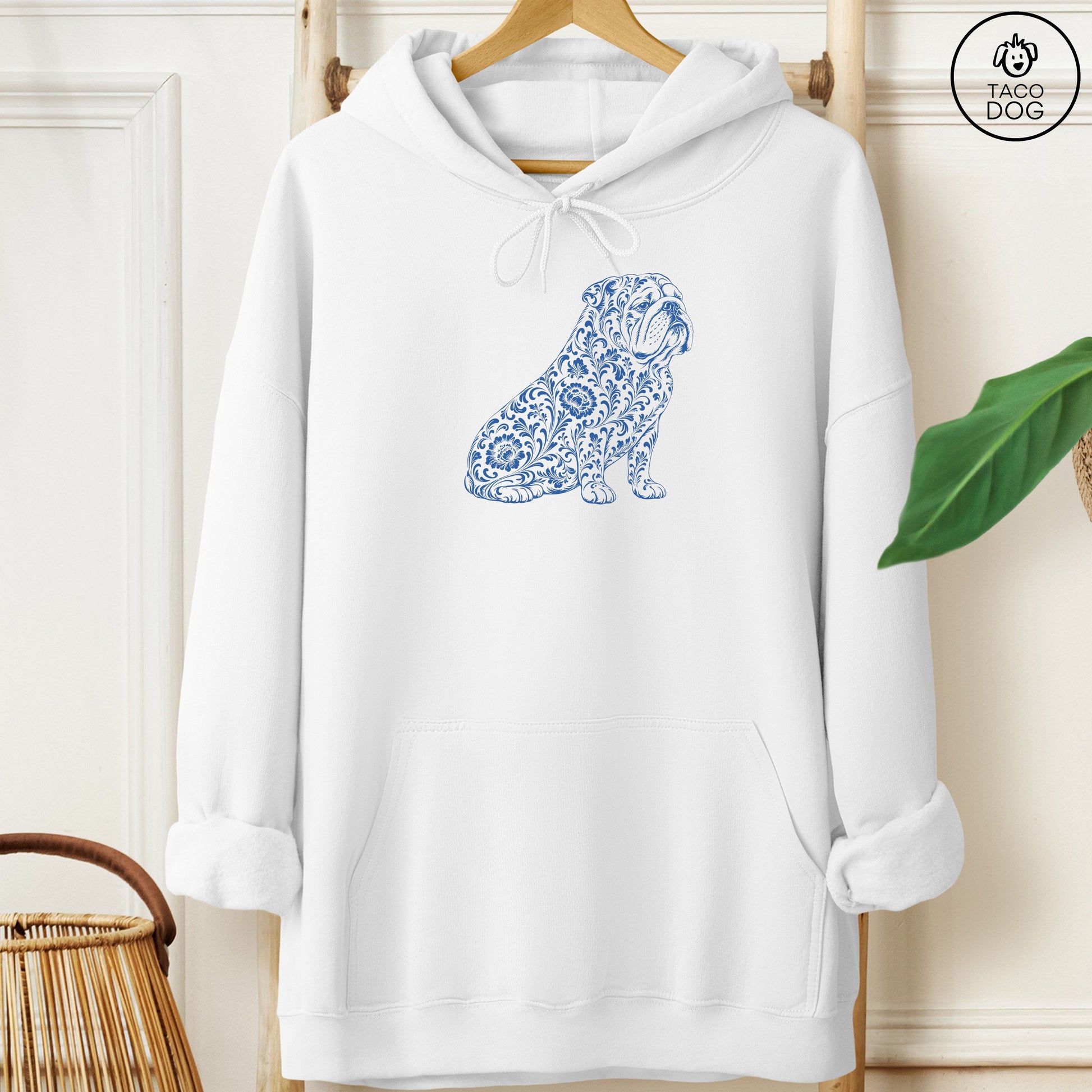 English Bulldog Toile Hoodie White Taco-Dog