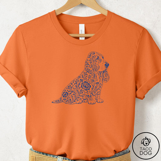 Basset Hound Toile T-Shirt Burnt Orange Taco-Dog
