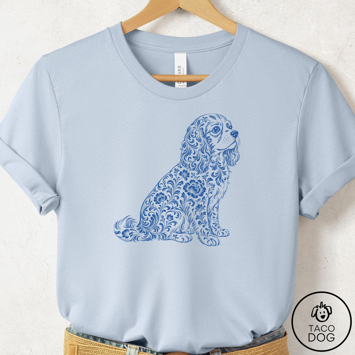 Cavalier King Charles Spaniel Toile T-Shirt Light Blue Taco-Dog