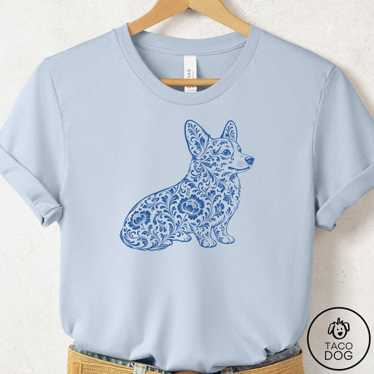 Corgi Toile T-Shirt Light Blue Taco-Dog