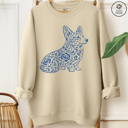 Corgi Toile Sweatshirt Sand Taco-Dog