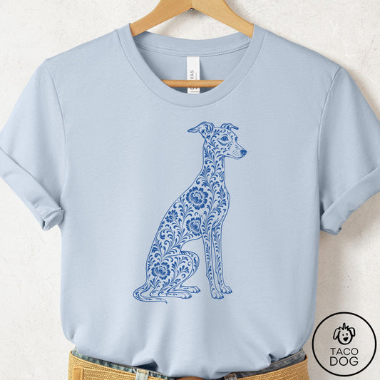 Italian Greyhound Whippet Toile T-Shirt Light Blue Taco-Dog