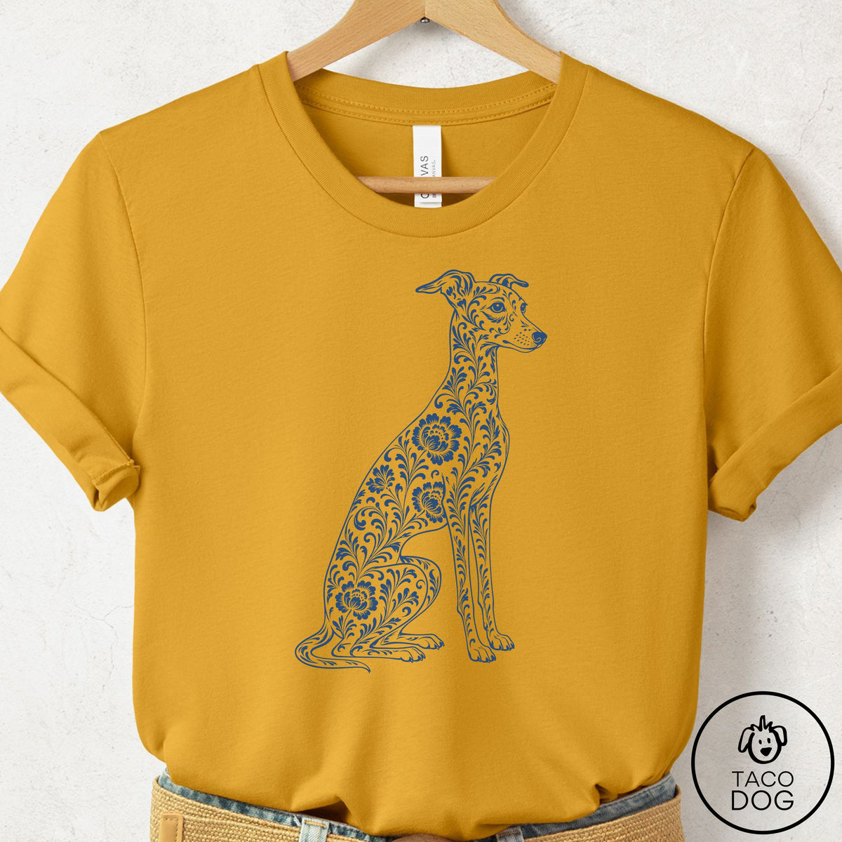 Italian Greyhound Whippet Toile T-Shirt Mustard Taco-Dog