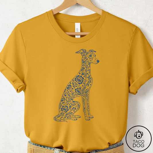Italian Greyhound Whippet Toile T-Shirt Mustard Taco-Dog