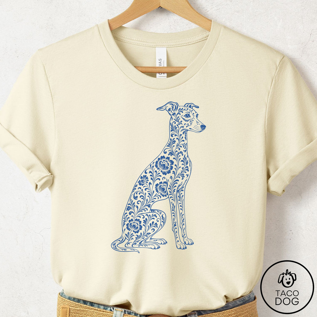 Italian Greyhound Whippet Toile T-Shirt Natural Taco-Dog