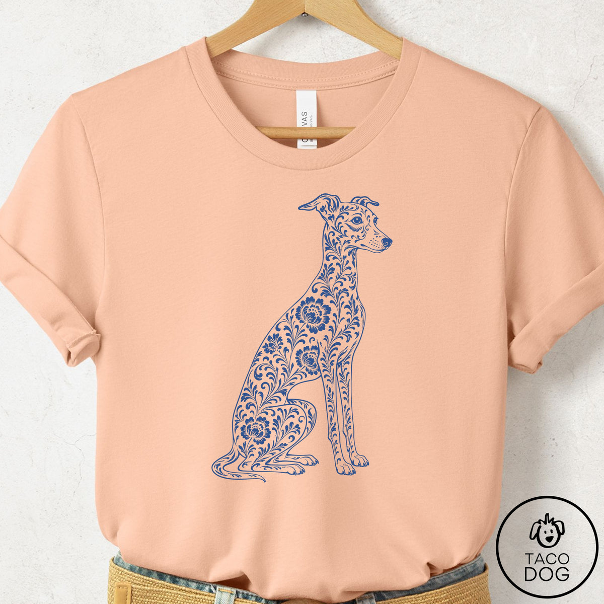 Italian Greyhound Whippet Toile T-Shirt Peach Taco-Dog