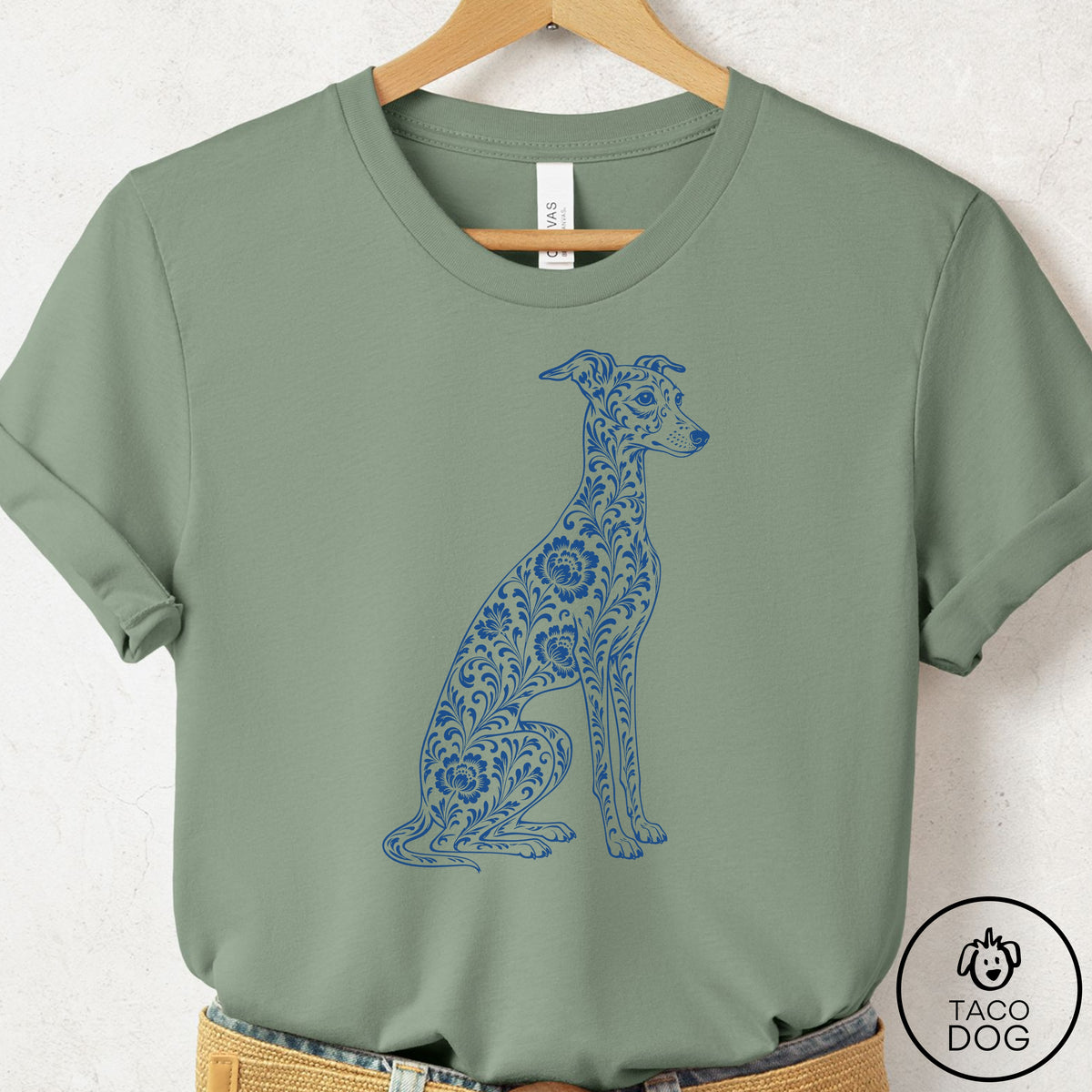 Italian Greyhound Whippet Toile T-Shirt Sage Taco-Dog