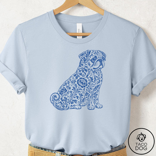 Pug Toile T-Shirt Light Blue Taco-Dog