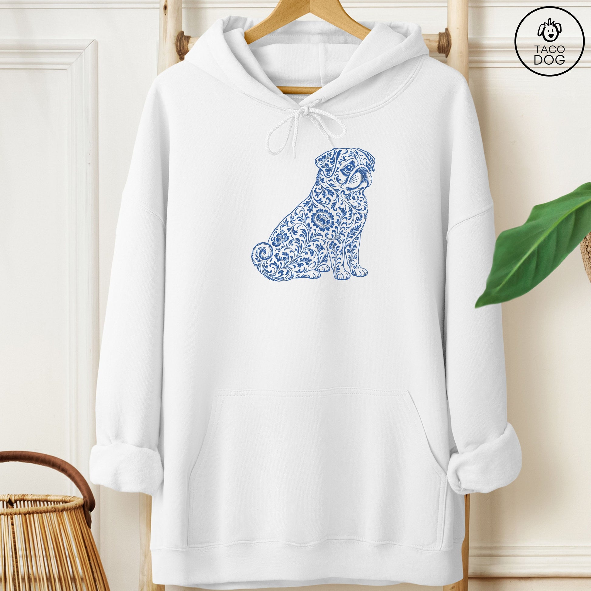 Pug Toile Hoodie White Taco-Dog