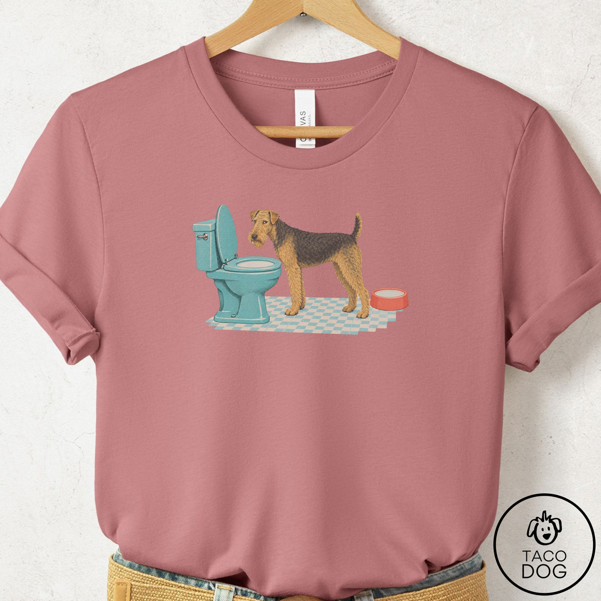 Airedale Toilet T-Shirt Mauve Taco-Dog