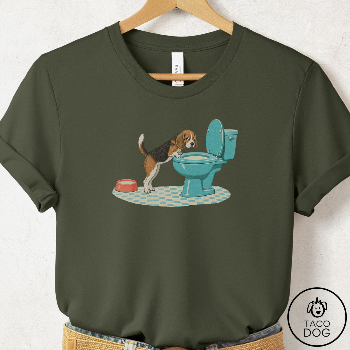 Beagle Toilet T-Shirt Military Green Taco-Dog