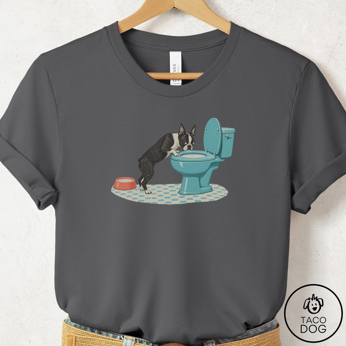 Boston Terrier Toilet T-Shirt Asphalt Taco-Dog
