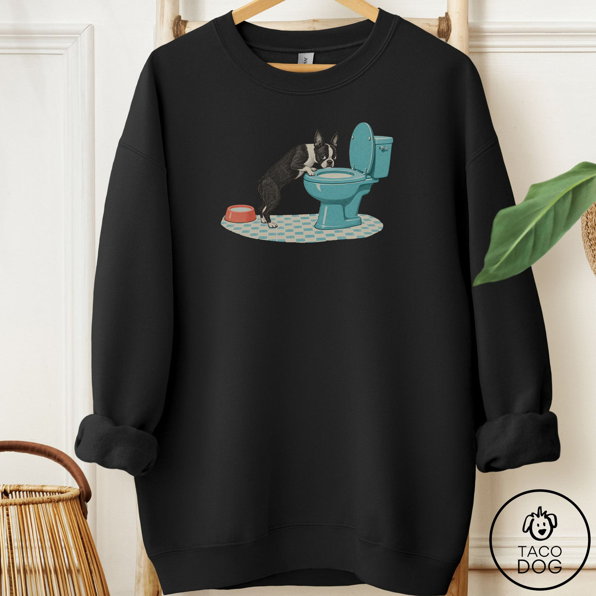 Boston Terrier Toilet Sweatshirt Black Taco-Dog