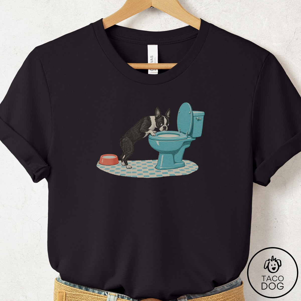 Boston Terrier Toilet T-Shirt Black Taco-Dog