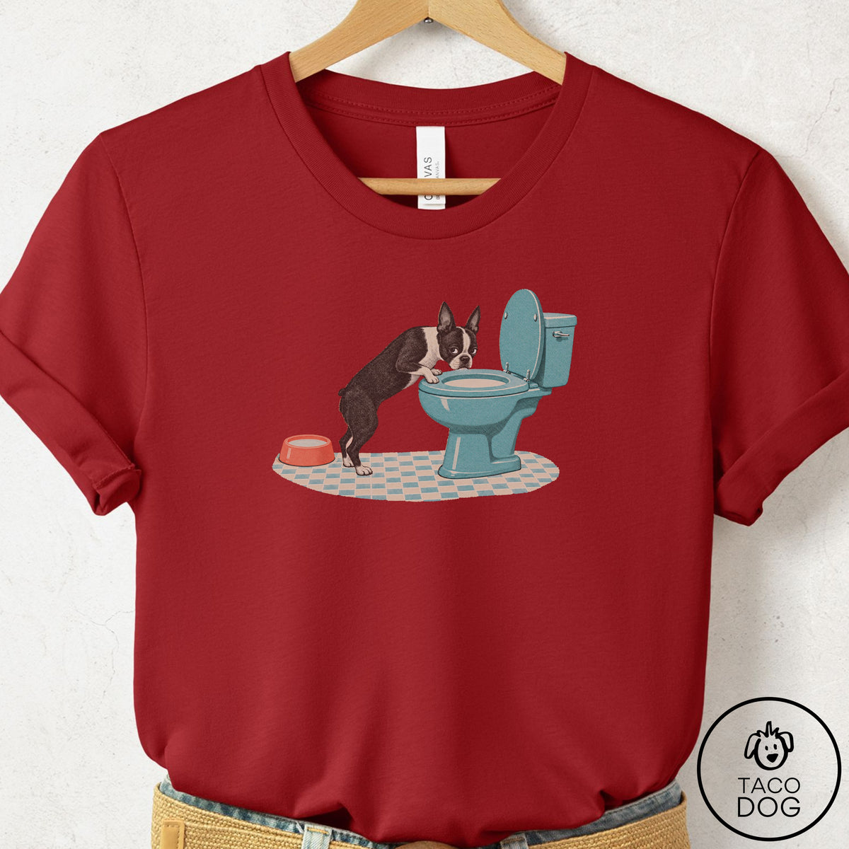 Boston Terrier Toilet T-Shirt Canvas Red Taco-Dog