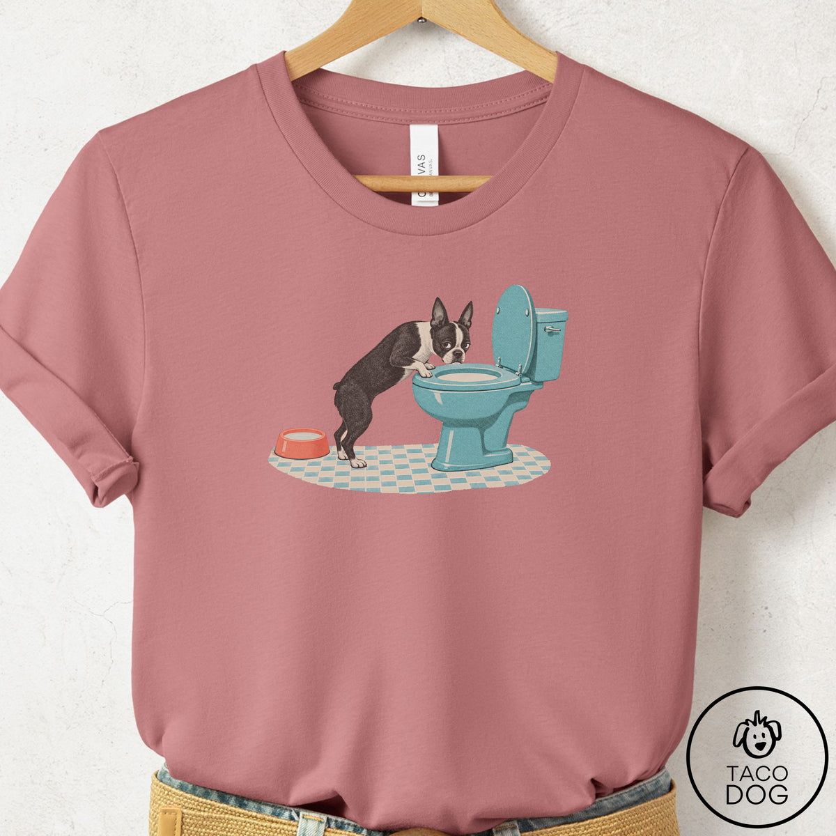 Boston Terrier Toilet T-Shirt Mauve Taco-Dog