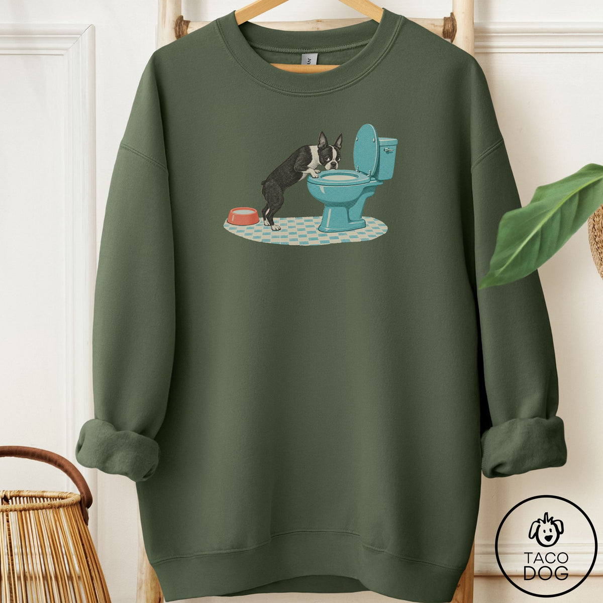 Boston Terrier Toilet Sweatshirt Military Green Taco-Dog