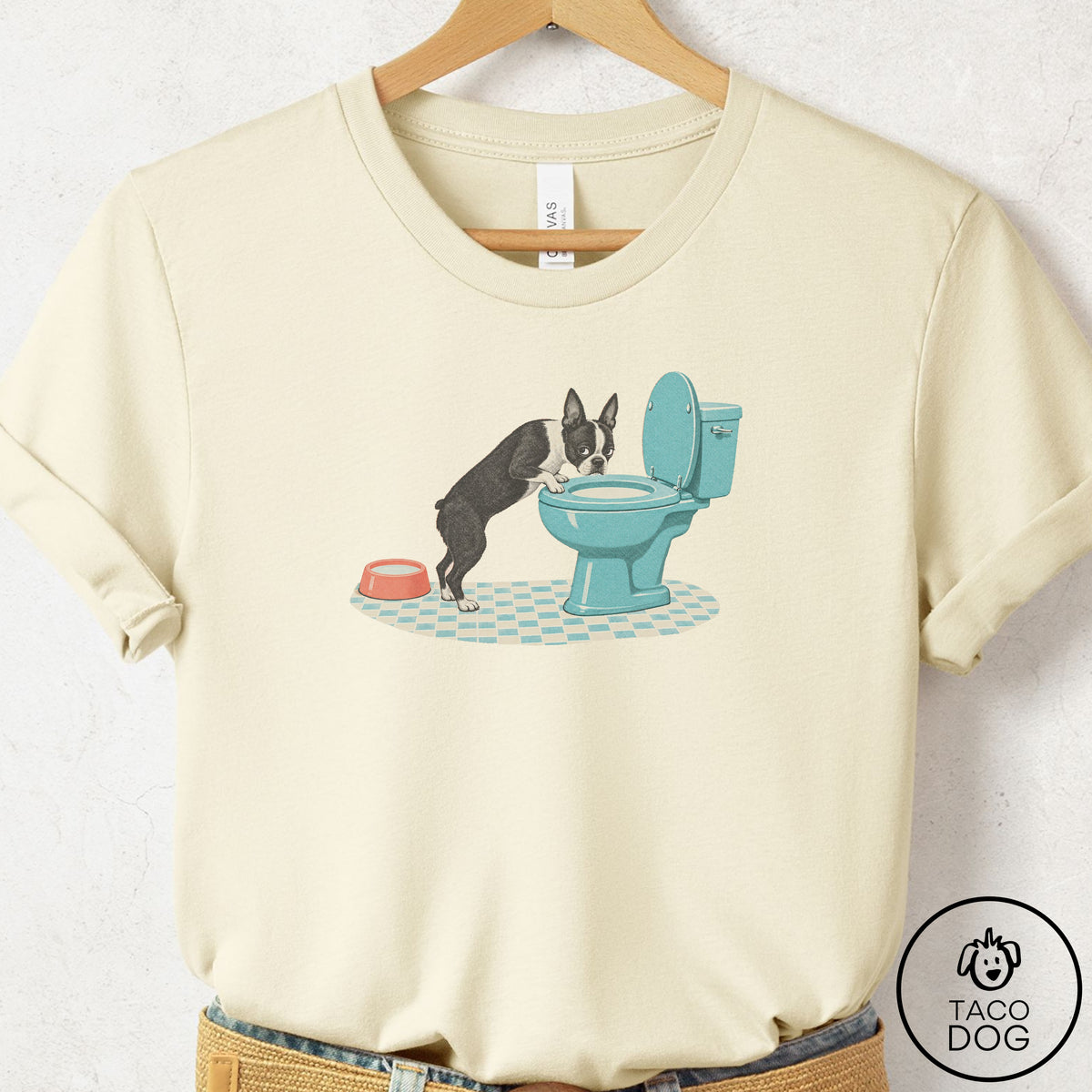 Boston Terrier Toilet T-Shirt Natural Taco-Dog
