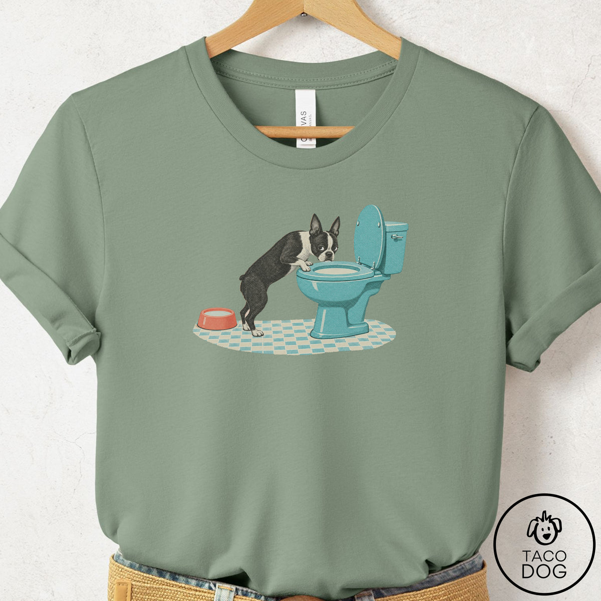 Boston Terrier Toilet T-Shirt Sage Taco-Dog
