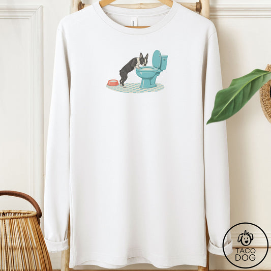 Boston Terrier Toilet Long Sleeve Tee White Taco-Dog