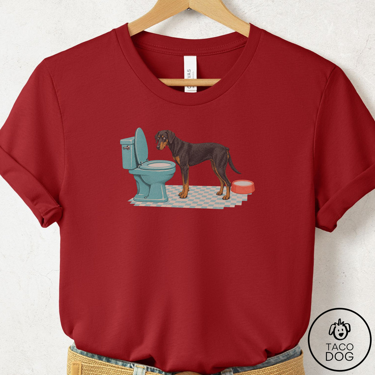 Doberman Toilet T-Shirt Canvas Red Taco-Dog
