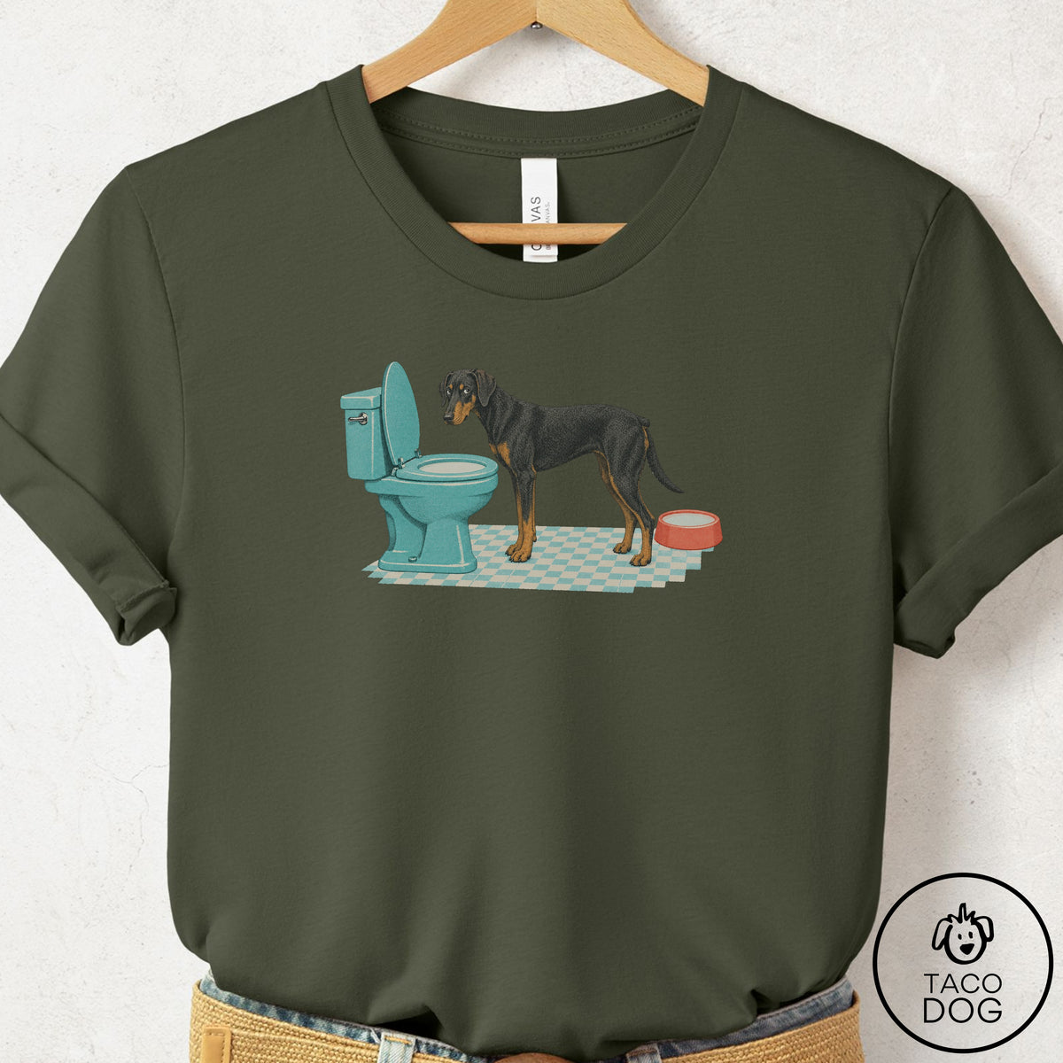 Doberman Toilet T-Shirt Military Green Taco-Dog