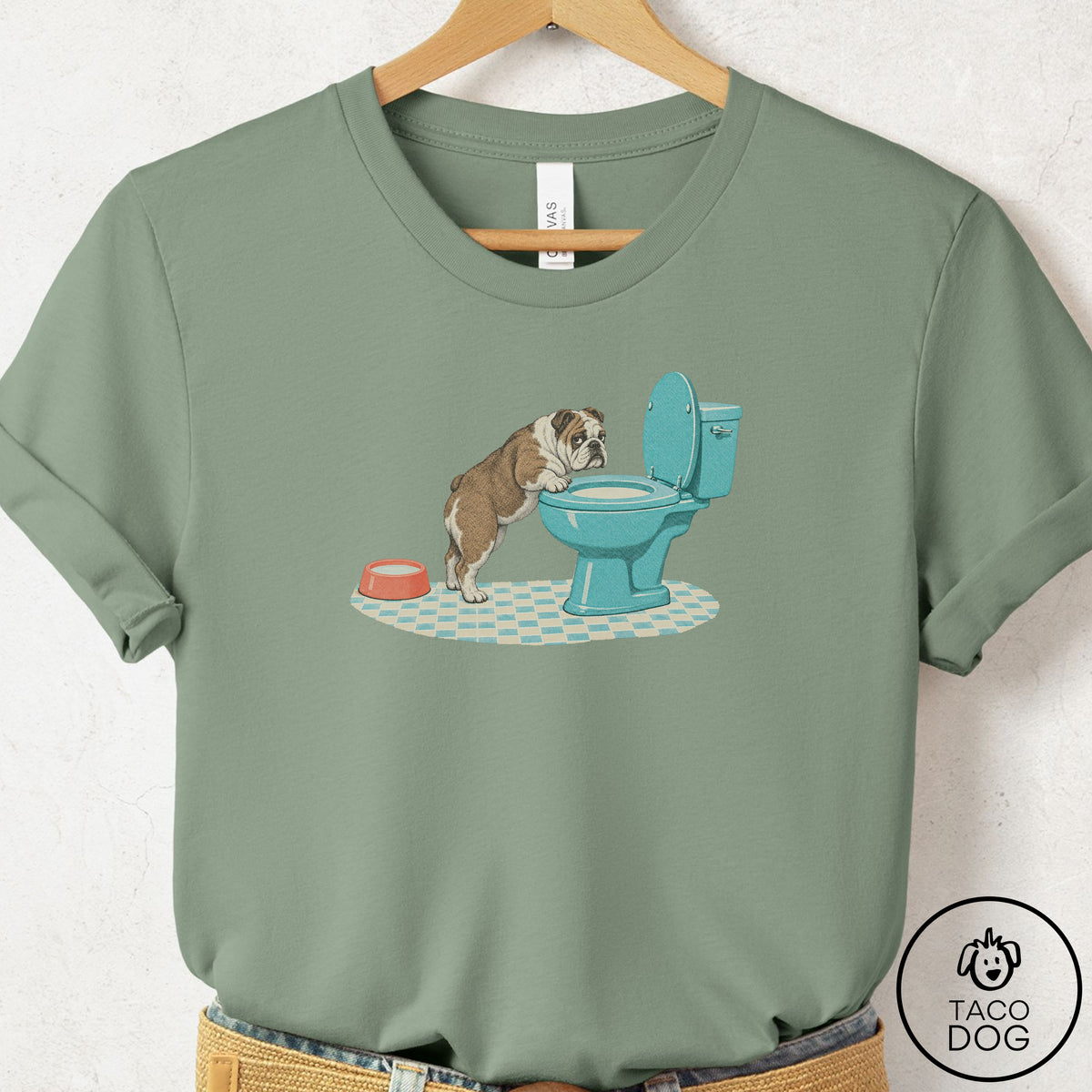 English Bulldog Toilet T-Shirt Sage Taco-Dog