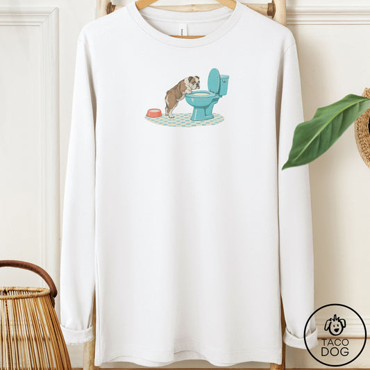 English Bulldog Toilet Long Sleeve Tee White Taco-Dog