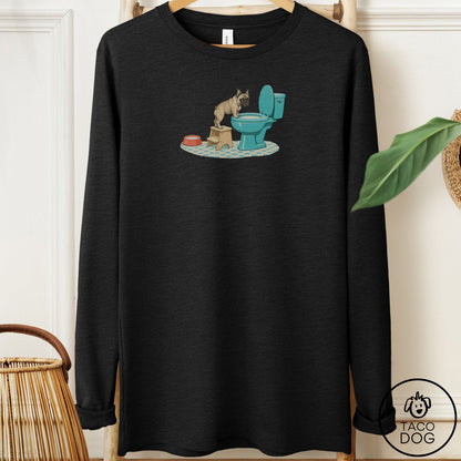 French Bulldog Frenchie Toilet Long Sleeve Tee Black Heather Taco-Dog