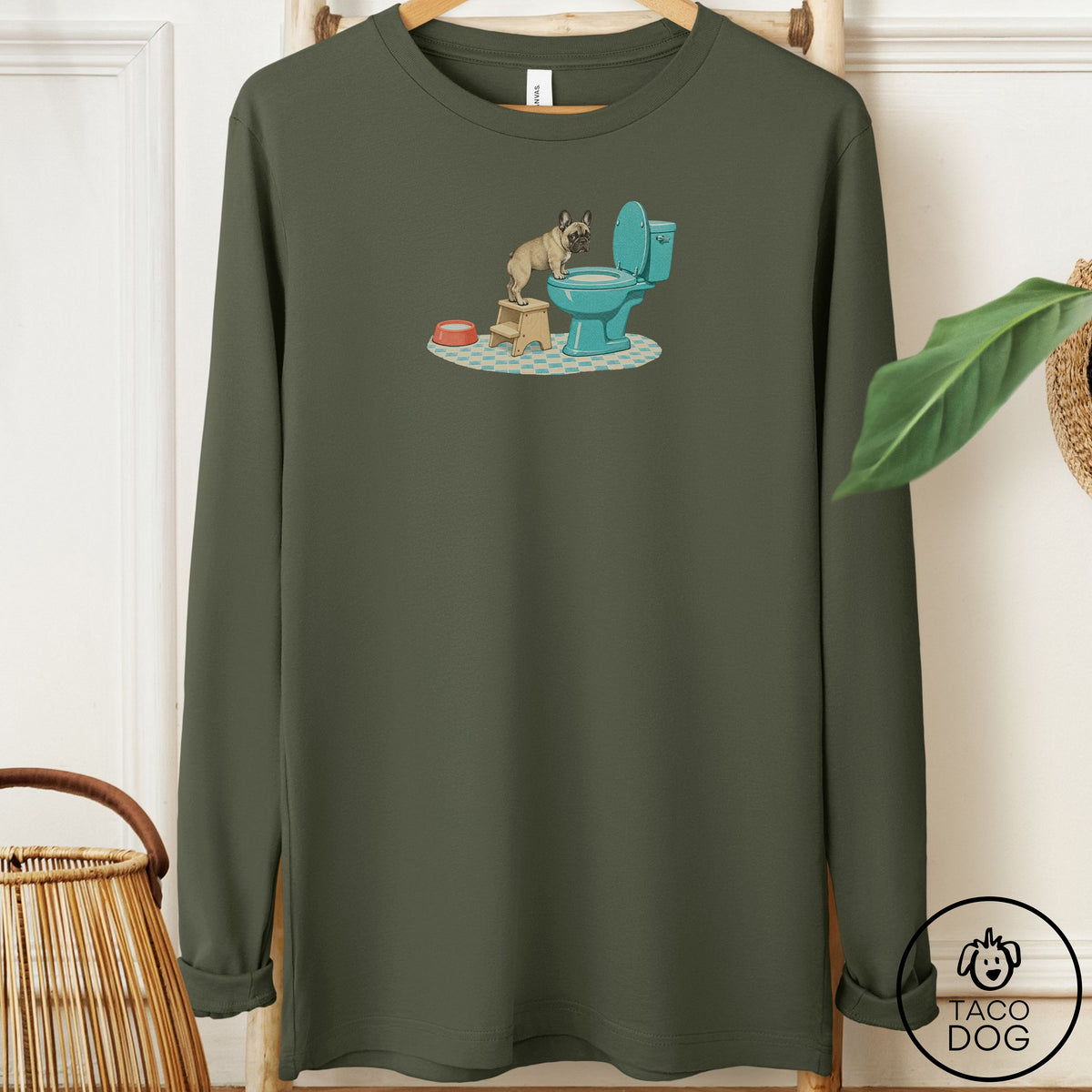 French Bulldog Frenchie Toilet Long Sleeve Tee Military Green Taco-Dog