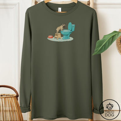 French Bulldog Frenchie Toilet Long Sleeve Tee Military Green Taco-Dog