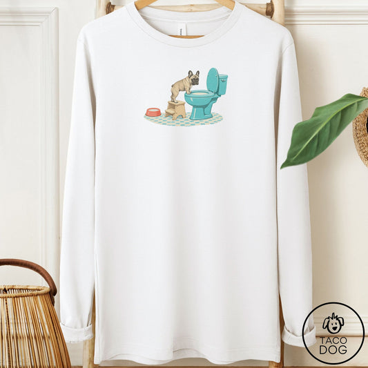 French Bulldog Frenchie Toilet Long Sleeve Tee White Taco-Dog