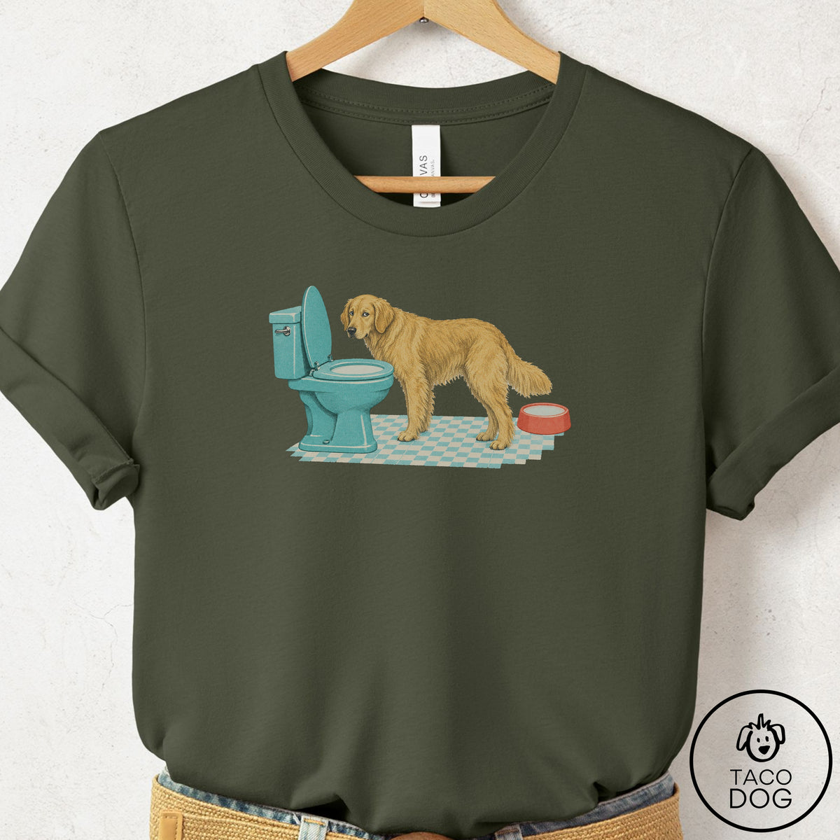 Golden Retriever Toilet T-Shirt Military Green Taco-Dog