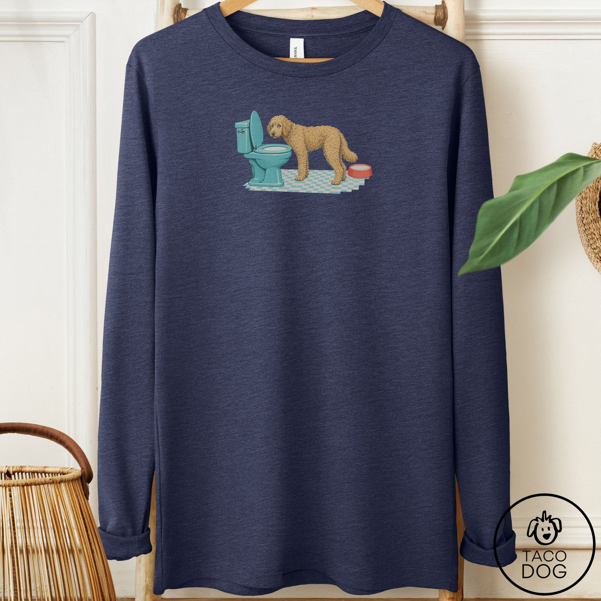 Doodle Toilet Long Sleeve Tee Heather Navy Taco-Dog