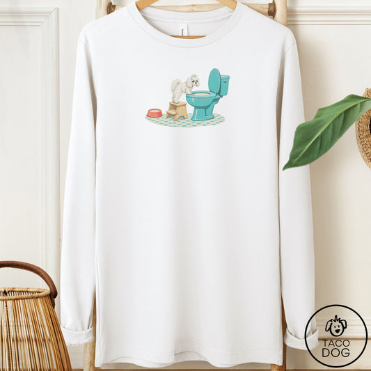 Maltese Toilet Long Sleeve Tee White Taco-Dog