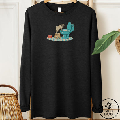 Pug Toilet Long Sleeve Tee Black Heather Taco-Dog