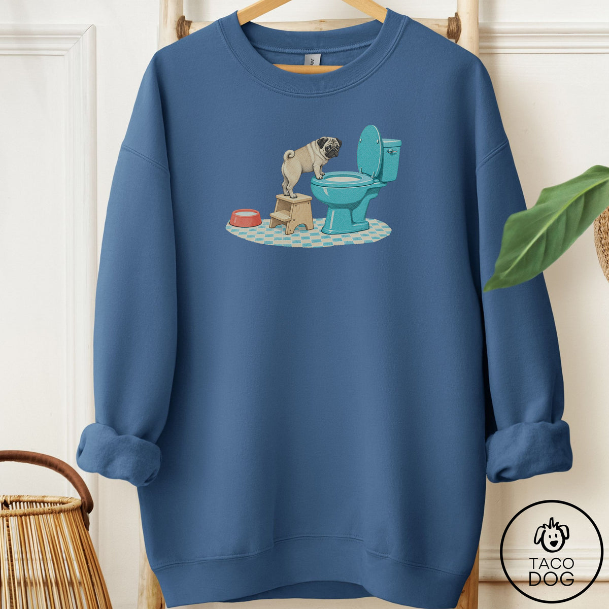 Pug Toilet Sweatshirt Indigo Blue Taco-Dog