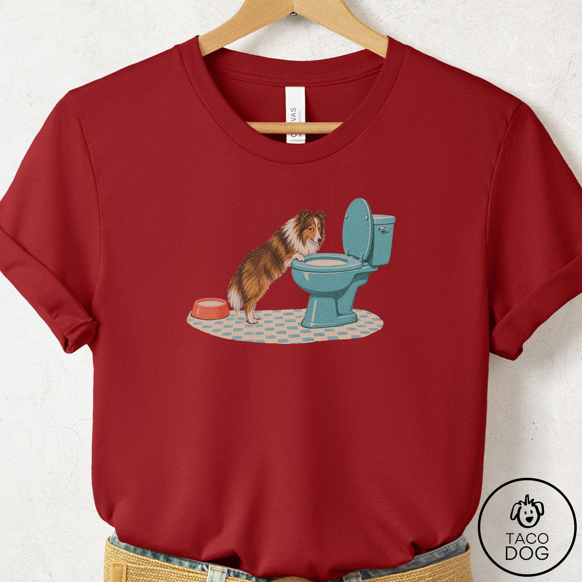 Shetland Sheepdog Toilet T-Shirt Canvas Red Taco-Dog