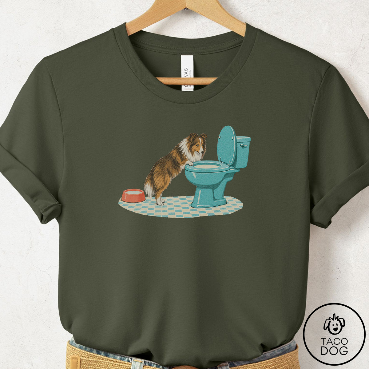 Shetland Sheepdog Toilet T-Shirt Military Green Taco-Dog