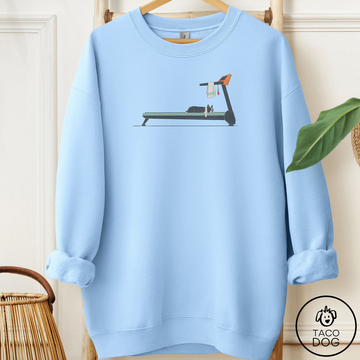 Boston Terrier Treadmill Sweatshirt Light Blue Taco-Dog